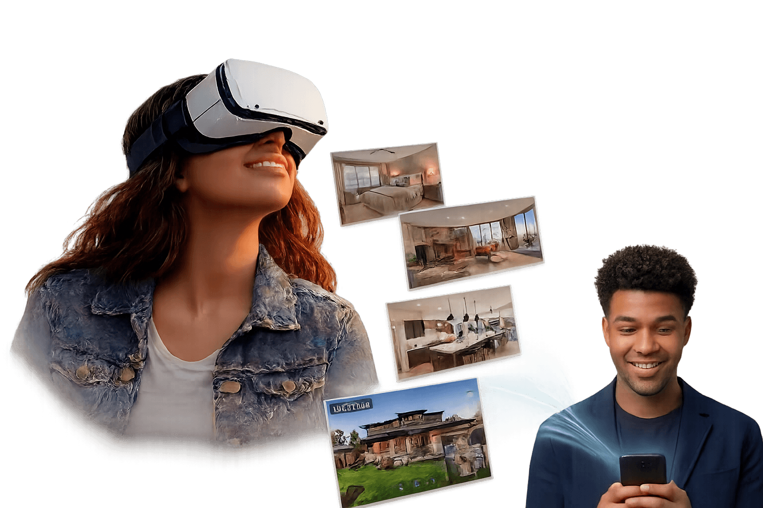 Woman using VR and man viewing a 3D tour on his phone